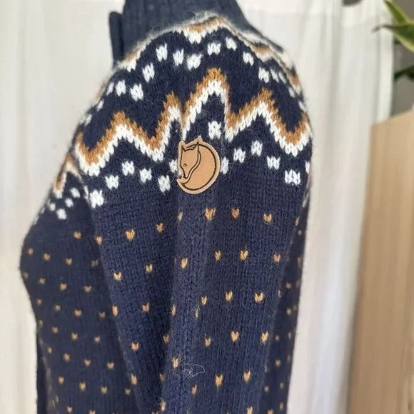 Fjallraven Women's Ovik Knit Wool Cardigan Sweater XS Fair Isle Nordic Blue Navy - Picture 4 of 16